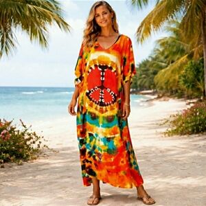 Kaftan Dress Tie Dye Peace Maxi Cover Up XL ✌️NEW